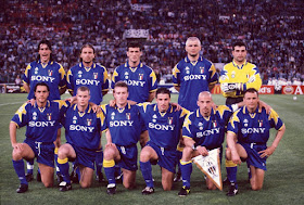 Fabrizio Ravanelli, back row, second from right, lines up with the Juventus team before the 1996 Champions League final