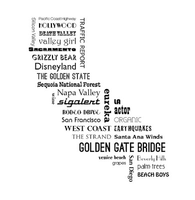 typography map of California with cities 