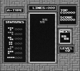 [Image: Black-and-white screen capture of NES Tetris being played.]