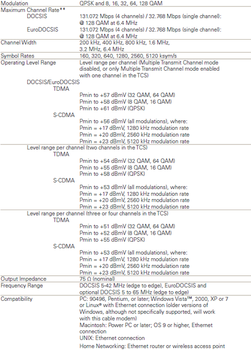 SB6121 SURFboard Specifications Motorola SB6121 SURFboard DOCSIS 3.0