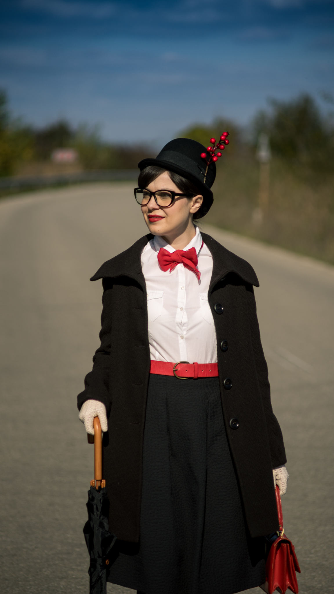 Easy DIY Halloween Costume Mary Poppins white shirt terranova black midi skirt H&M black flats H&M red vintage bag black umbrella tall hat cat eye glasses red belt photoshoot flying