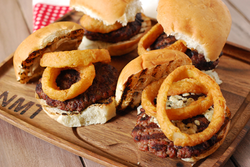 blue onion burger, burger with onion rings, blue cheese burger, 