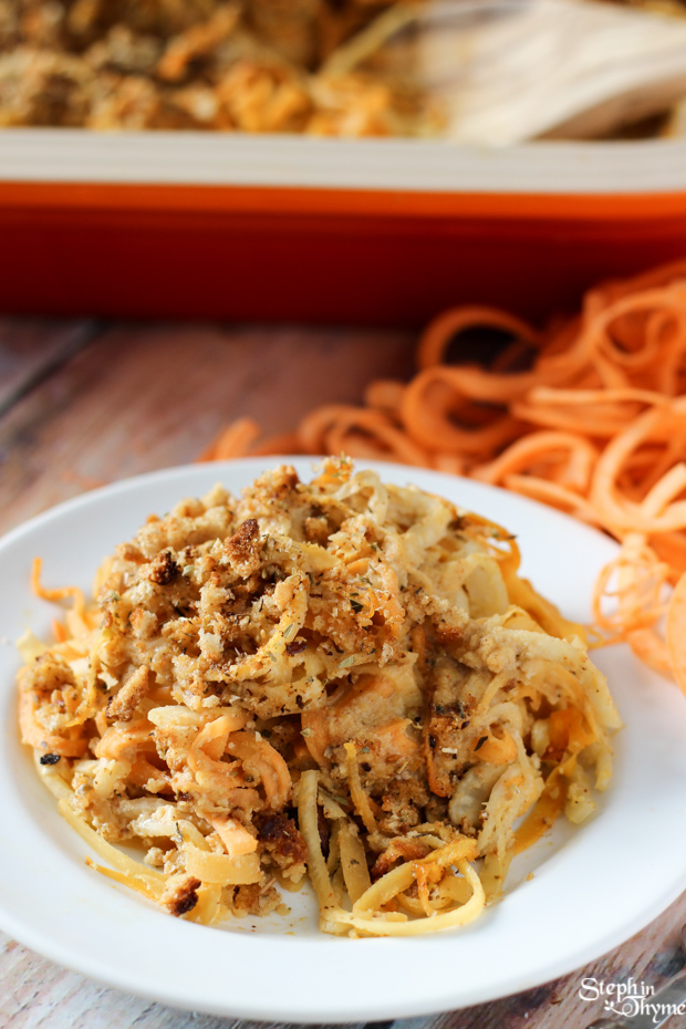 Spiralized Root Vegetable Casserole with Vegan Shallot Alfredo Sauce by Steph in Thyme
