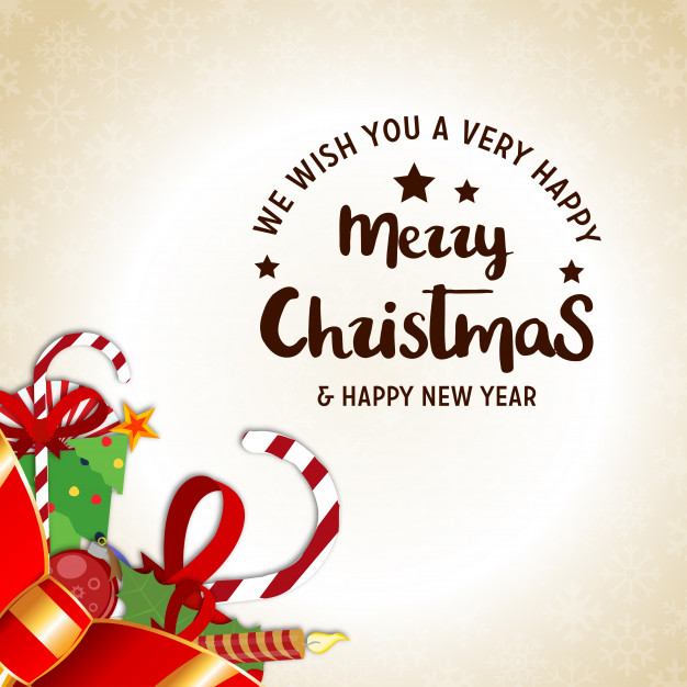 Christmas poster having creative christmas typography and christmas realistic elements Free Vector