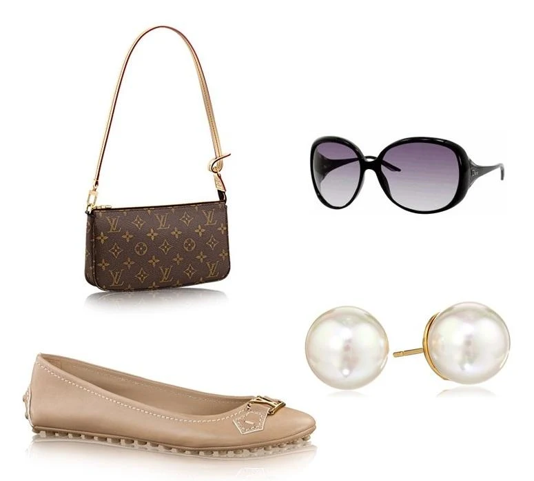 Louis Vuitton pochette clutch, nude Louis Vuitton Oxford Ballerina Flats, black Dior sunglasses, and pearl studs (look for less at Neiman Marcus).