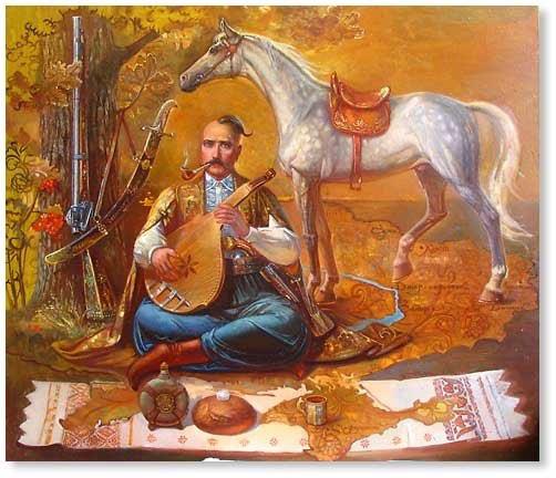 A Cossack with bandura. Artist unknown ~