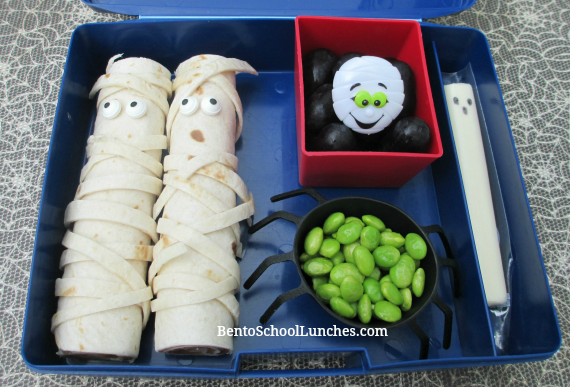 Mummy tortilla roll ups, Halloween bento lunch