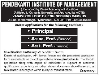 Pendekanti Institute of Management, Hyderabad Recruitment 2019 Associate Professor / Assistant Professor / Principal Jobs
