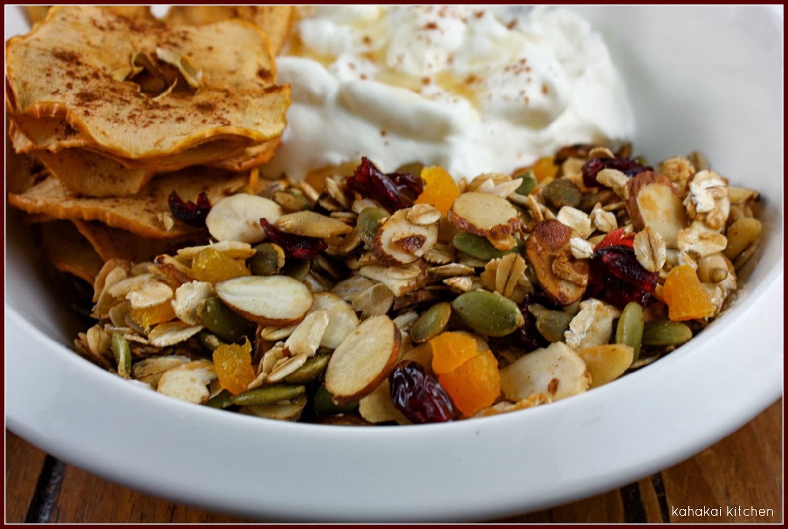 Kahakai Kitchen Roasted Bircher Muesli (Granola) Breakfast with Dried Apples & Greek Yogurt