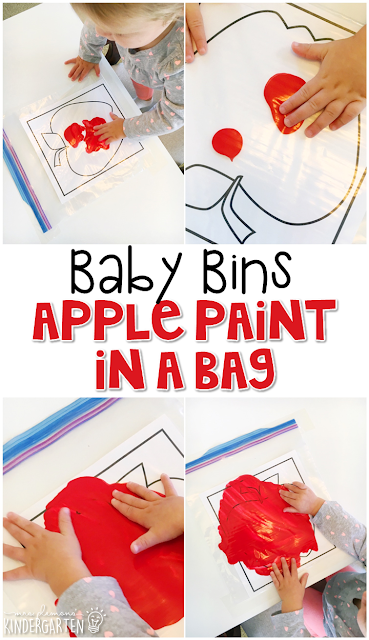 This apple paint in a bag is great for learning the color red and is a completely baby safe way to paint with any paint you have on hand. Baby Bins are perfect for learning with little ones between 12-24 months old.