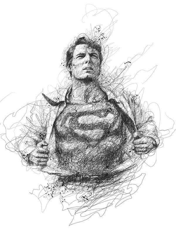 02-Superman-Clark-Kent-Christopher-Reeve-Vince-Low-Scribble-Drawing-Portraits-Super-Heroes-and-More-www-designstack-co