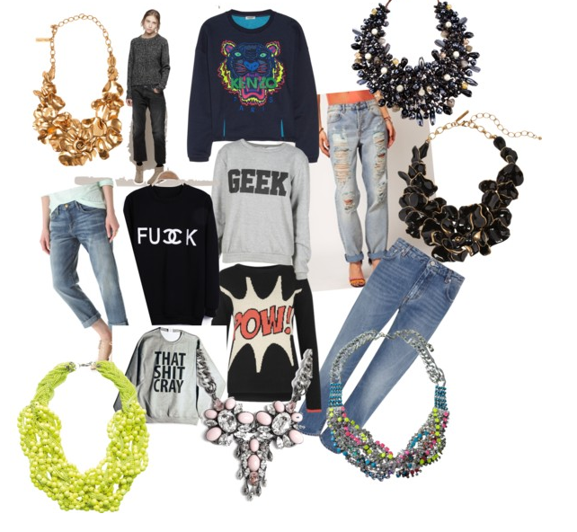 Obsessed: Boyfriend jeans + statement sweater/necklaces