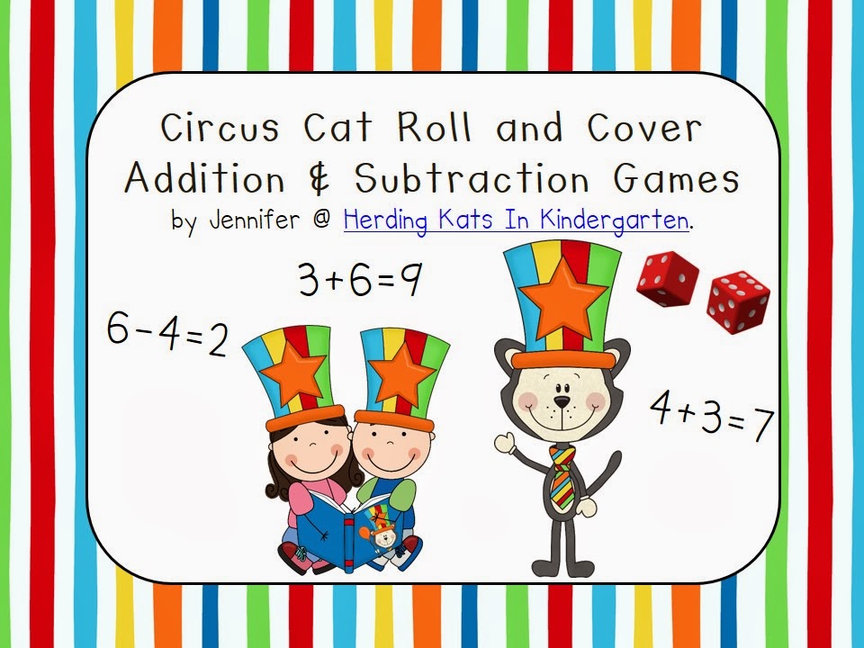 http://www.teacherspayteachers.com/Product/Circus-Cat-Themed-Roll-Cover-Addition-Subtraction-Games-1127576
