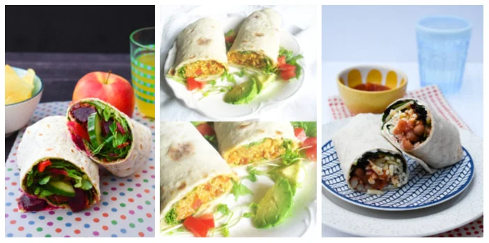 Photos of Beet Salad Lunch Wrap, Chickpea Quinoa Vegetable Wraps and Spicy Bean Lunchtime Wrap
