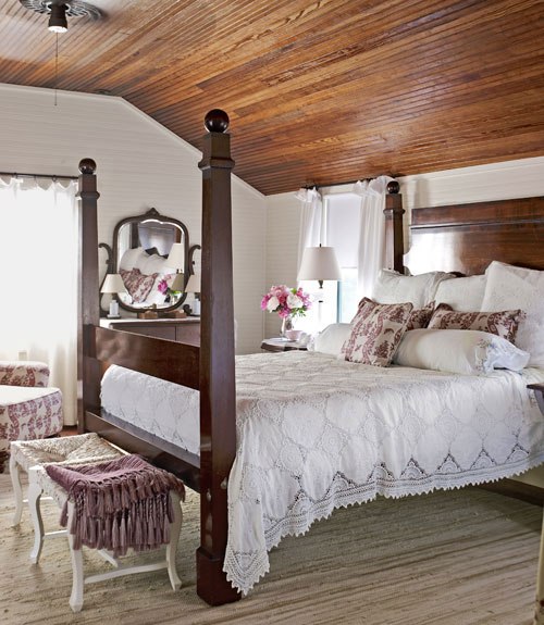 Beautiful cottage bedroom wood bead board ceiling antique bedspread
