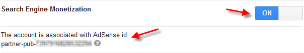 Custom search engine monetization via the Ads tab.