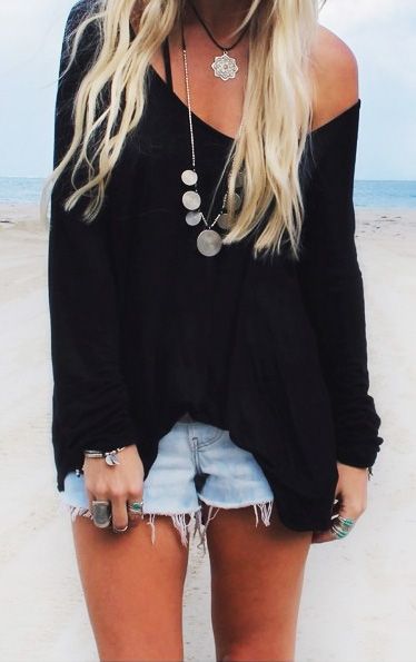 Summer look | Hippie accessories, off the shoulder black sweater and ...
