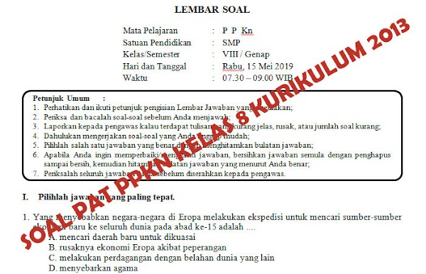 Soal dan Kunci Jawaban PAT PPKn SMP Kelas 8 Kurikulum 2013 Tahun Pelajaran 2018/2019   