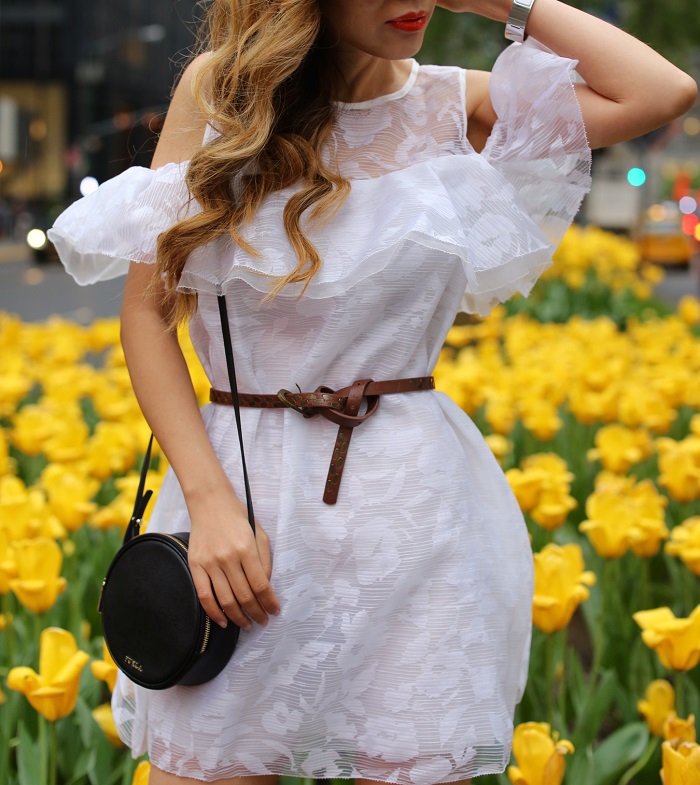 Chicwish Lovely Petals Frilling Babydoll Dress in White, lwd, sole society cognac flatform espadrille sandals, espadrille sandals, furla yoyo crossbody bag set, nyc street style, spring style in nyc, le specs sunglasses, nyc fashion blog
