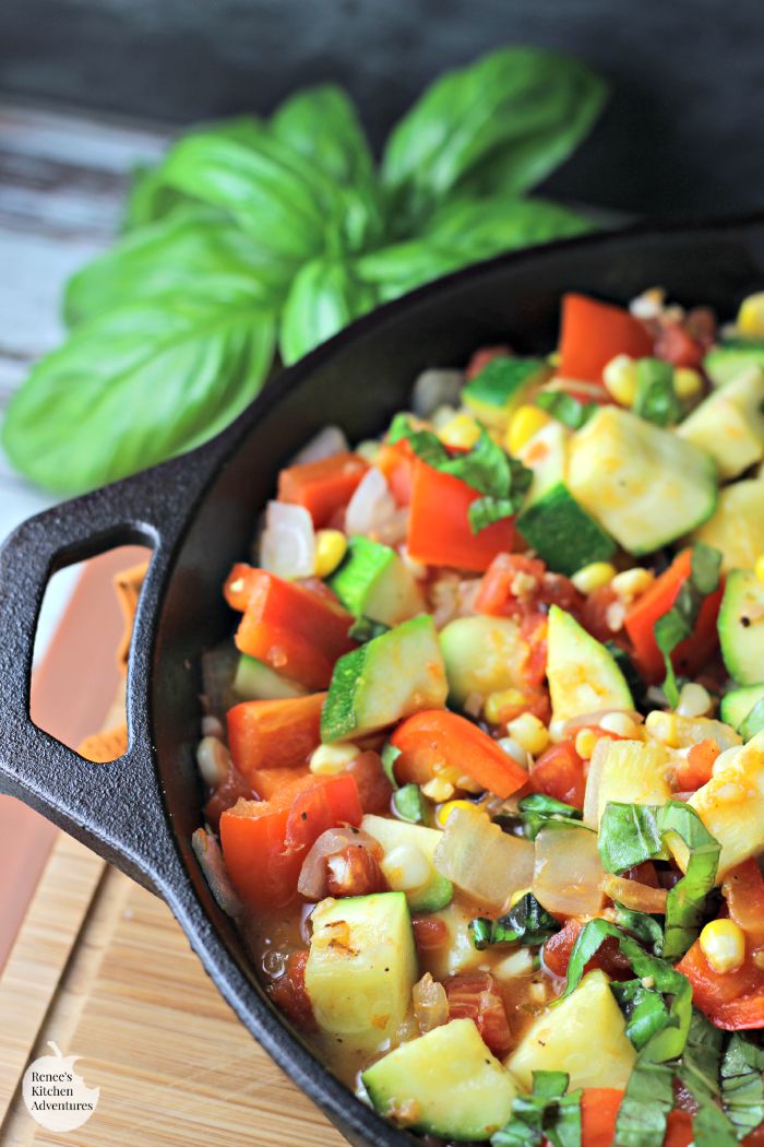 Summer Vegetable Saute | by Renee's Kitchen Adventures - Quick, healthy recipe for an easy vegetable side dish made with summer's bounty: fresh corn, peppers, zucchini and tomatoes! 