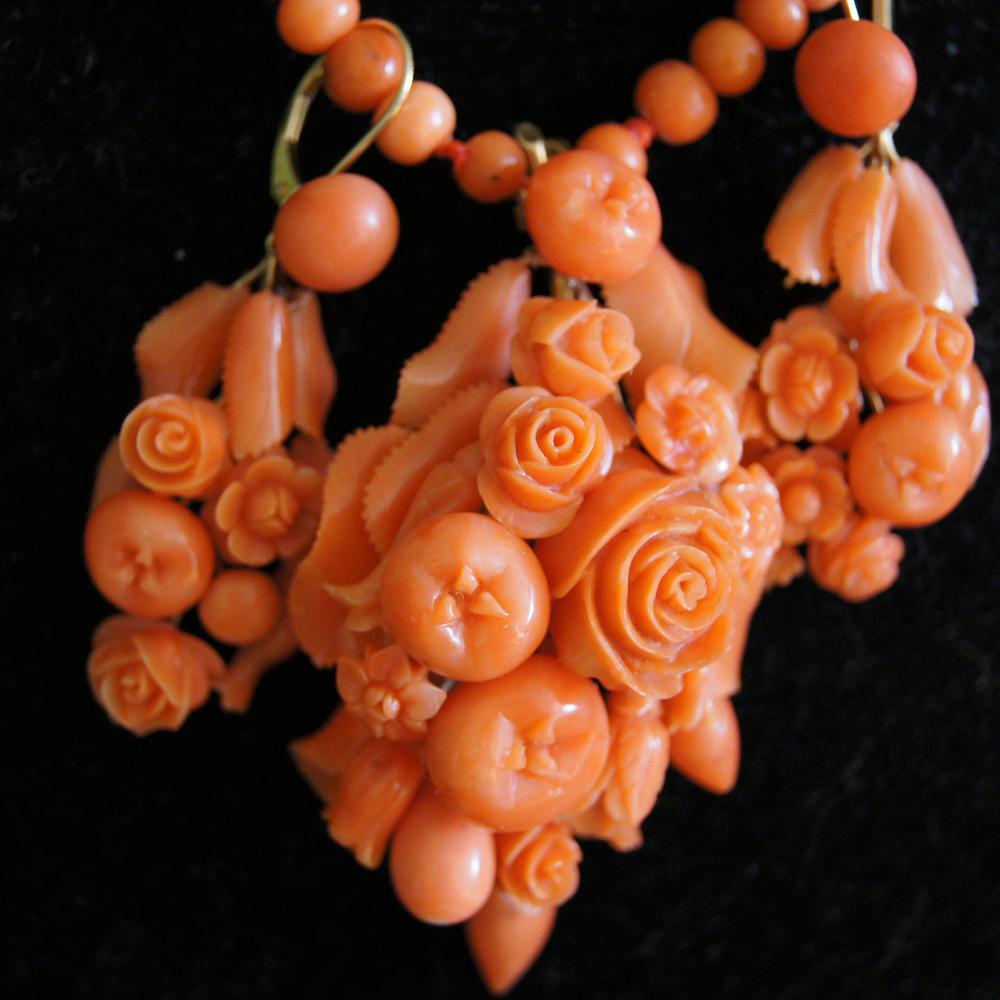 Uchizono Gallery: Carved Coral Floral Earrings With Matching Pendant