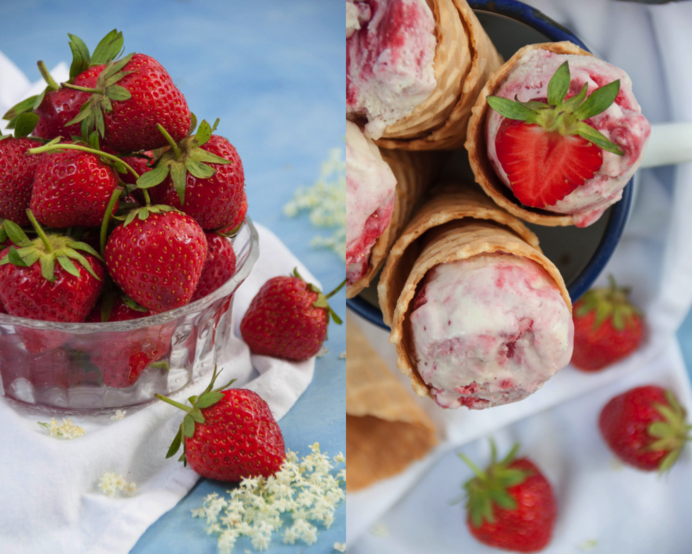 Krümelkreationen: Holunderblüten-Eis mit Erdbeerswirl und Vanille