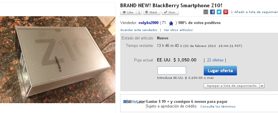 Blackberry 10 alcanza precios altos en eBay