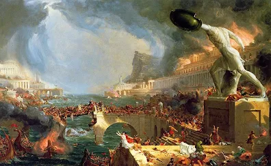 The Course of Empire: Destruction.   Thomas Cole. Oil on canvas, 1836, 39 ½ x 63 ½ in.   Collection of The New-York Historical Society, 1858.