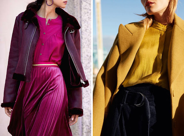 Монохромные образы с фиолетовой дубленкой и с желтым пальто