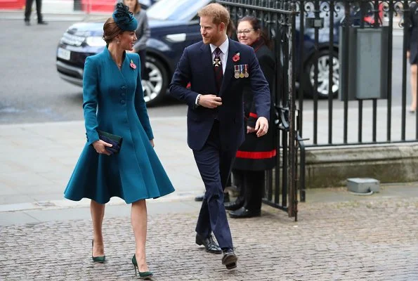 Kate Middleton wore Catherine Walker coat and Emmy London pumps, Kiki McDonough blue topaz diamond earrings