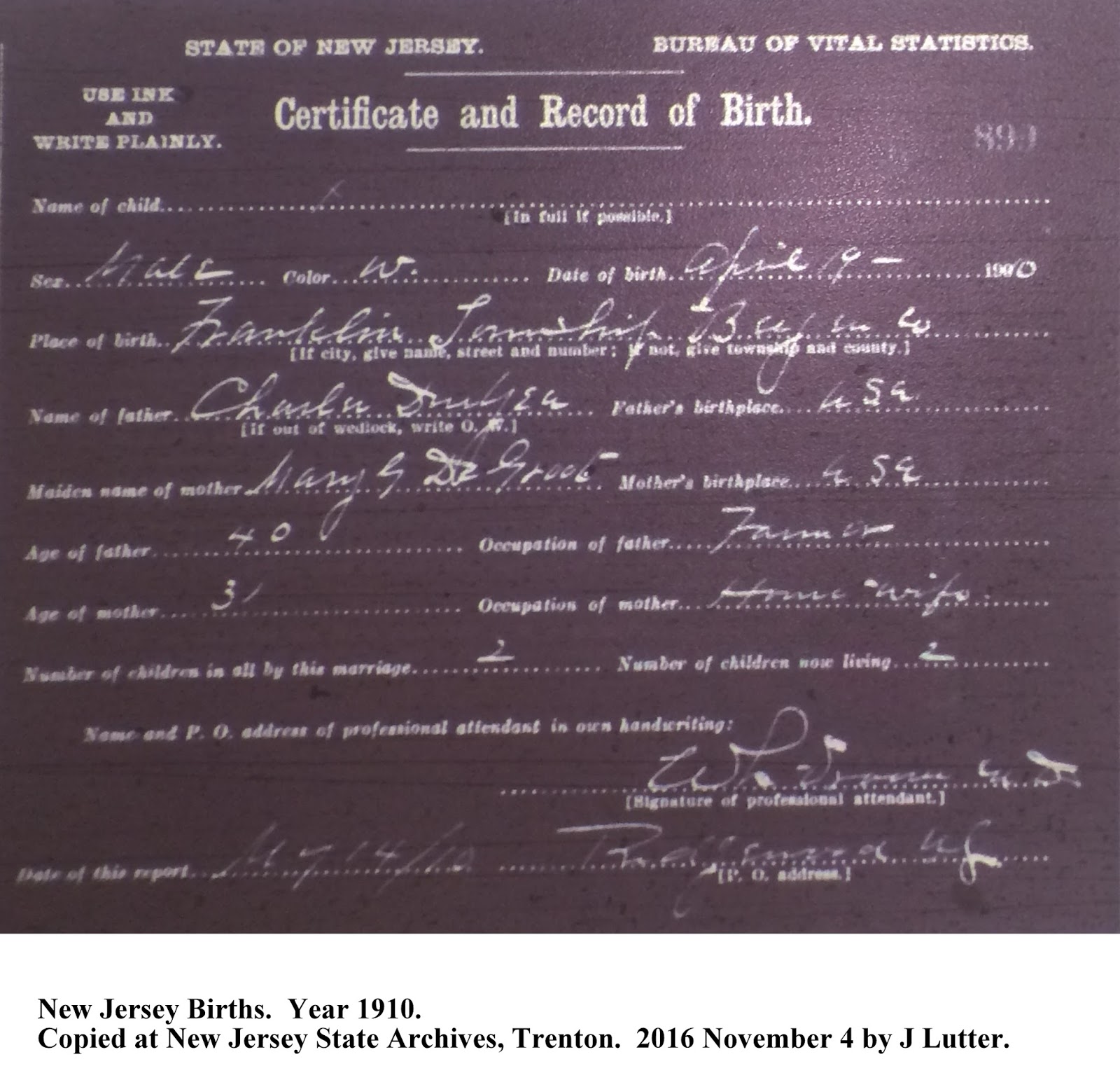 Family History Research by Jody Lutter DURYEA New Jersey Births