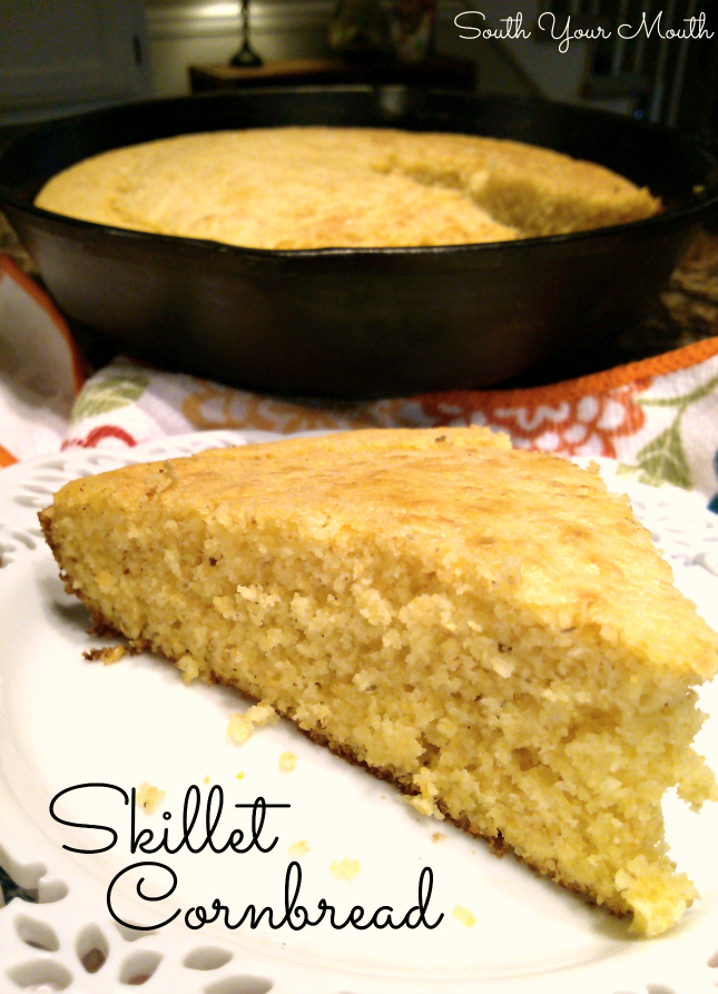 Skillet Cornbread! A simple recipe for classic Southern cornbread made with plain cornmeal and buttermilk in a cast iron skillet sizzling with hot bacon grease.