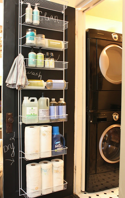 Laundry room chalkboard on back of door with organizer :: OrganizingMadeFun.com