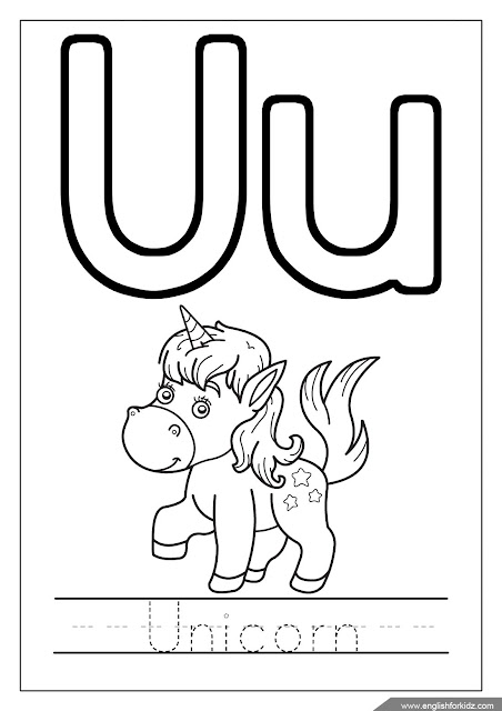 Alphabet coloring page, letter u coloring, u is for unicorn