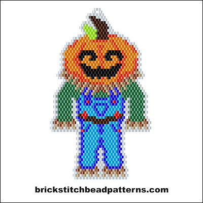 Click for a larger image of the Boy Pumpkin Scarecrow Halloween brick stitch bead pattern color chart.
