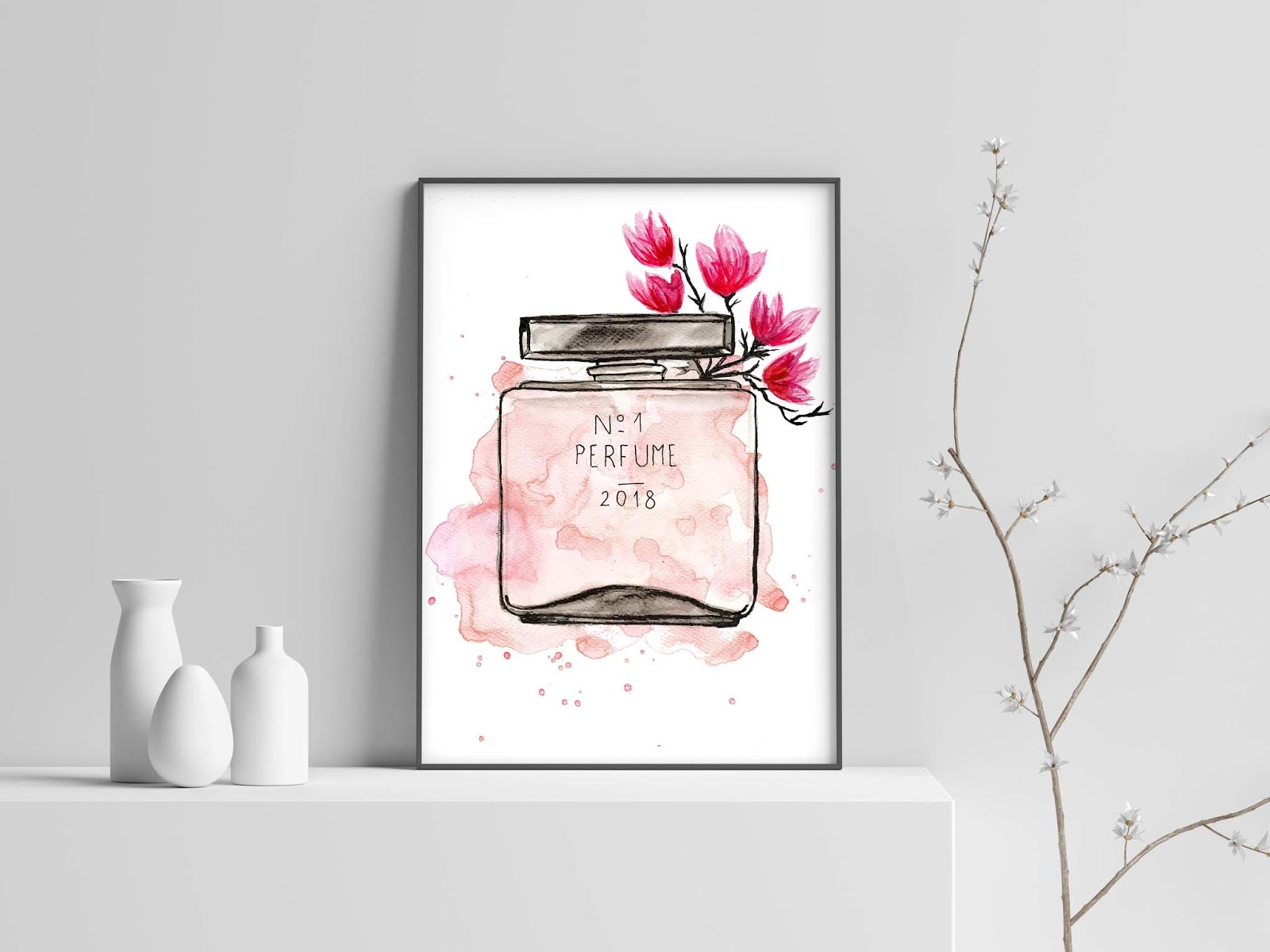 pink perfume bottle and magnolias watercolor illustration by Stella Visual