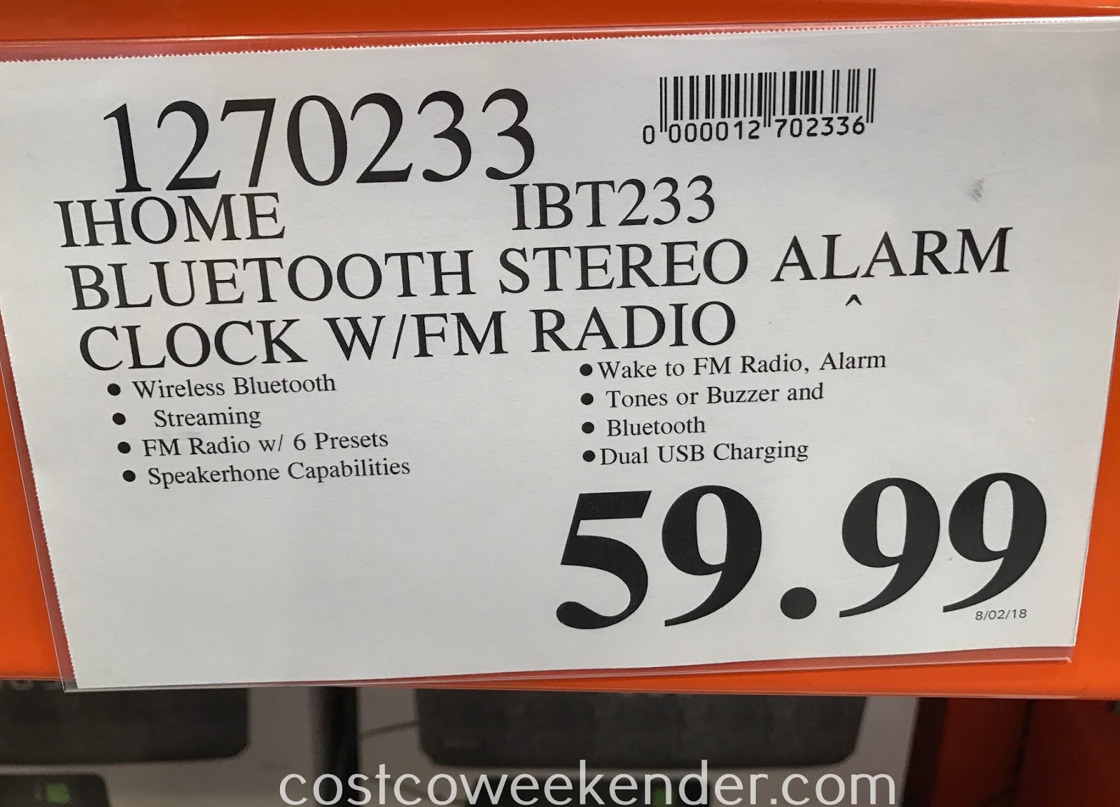 iHome Dual Alarm Stereo Clock Radio (iBT233) Costco Weekender