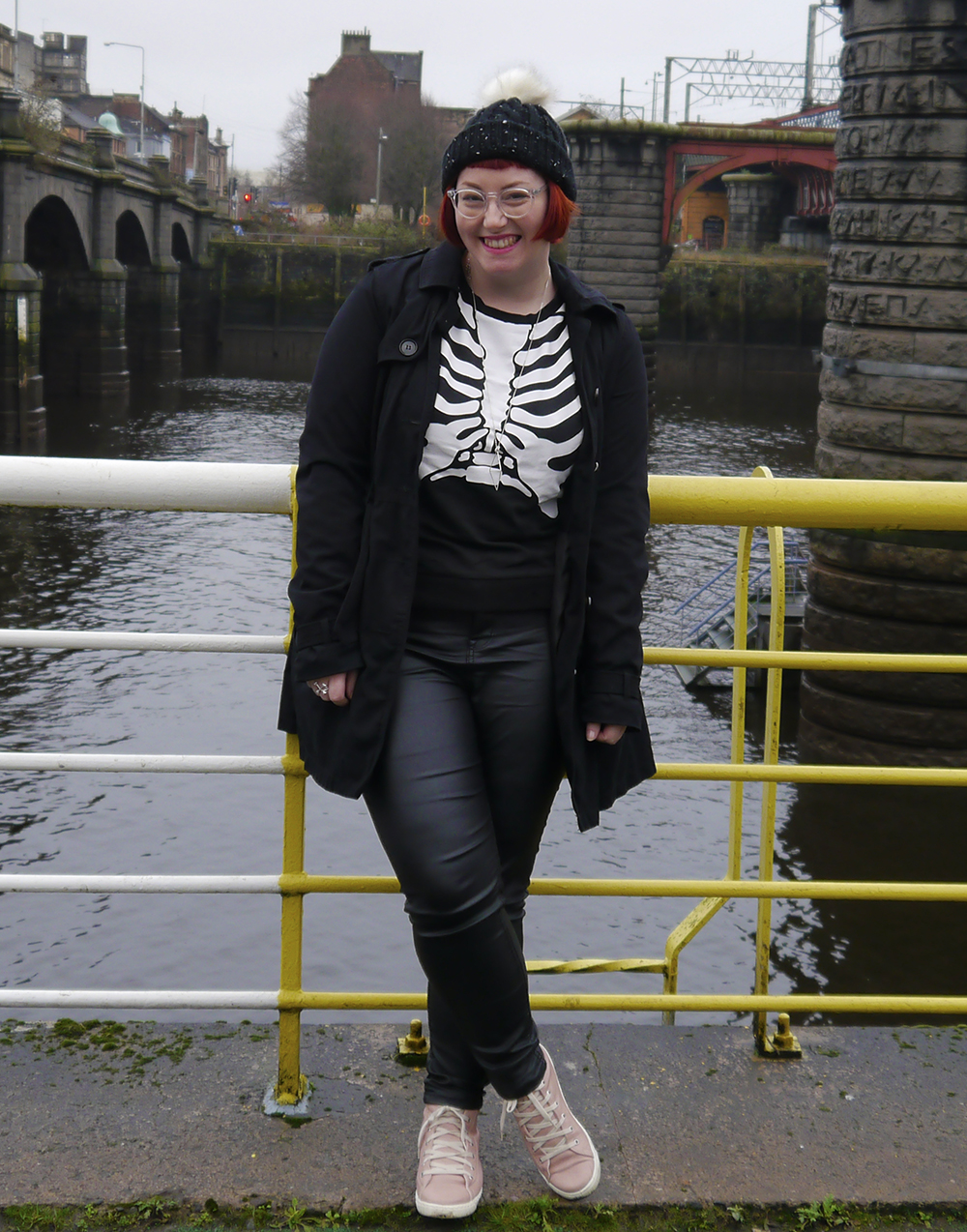 Winter Blues Monochrome Style Styled by, Wardrobe Conversations, Scottish blogger, Dundee blogger, Glasgow, winter blues, winter outfit, monochrome outfit, Halloween outfit, skeleton jumper, H&M skeleton jumper, bobble hat, Tiger Stores winter hat, pom pom hat, blacn and white outfit, Scottish style, IOLLA, #seewithIOLLA, geometric jewellery, silver jewellery, Sunday style, trainers, pink trainers, charity shop style, accessorize necklace, #BMM, Bloody Mary Metal, Crossbones ring