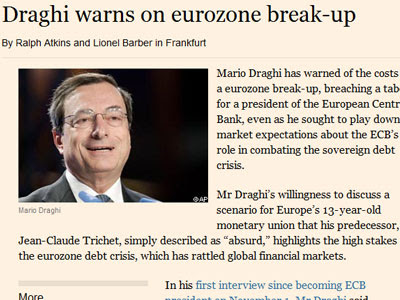 FT: Προειδοποίηση Ντράγκι για διάλυση της Ευρωζώνης