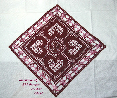  Burgundy Hearts and Flowers Table Topper - Diamond or Square - Handmde By RSS Designs In Fiber