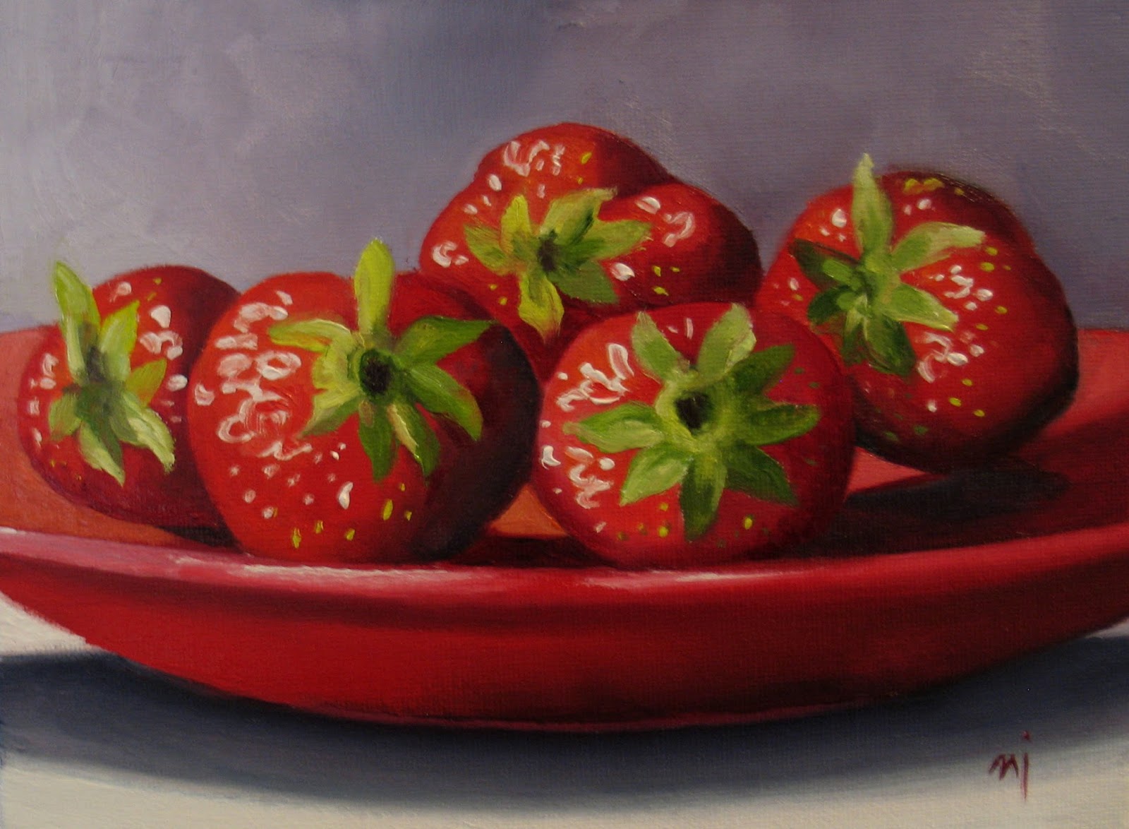 Nel's Everyday Painting: Strawberries on Red Plate - SOLD