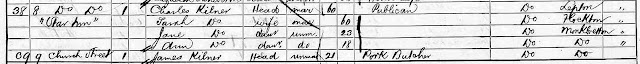 1861 census snip - 8 Church Street "Star Inn" occupied by Charles and Sarah Kilner and their daughters Jane and Ann.  At no 9 James Kilner a Pork Butcher is listed.