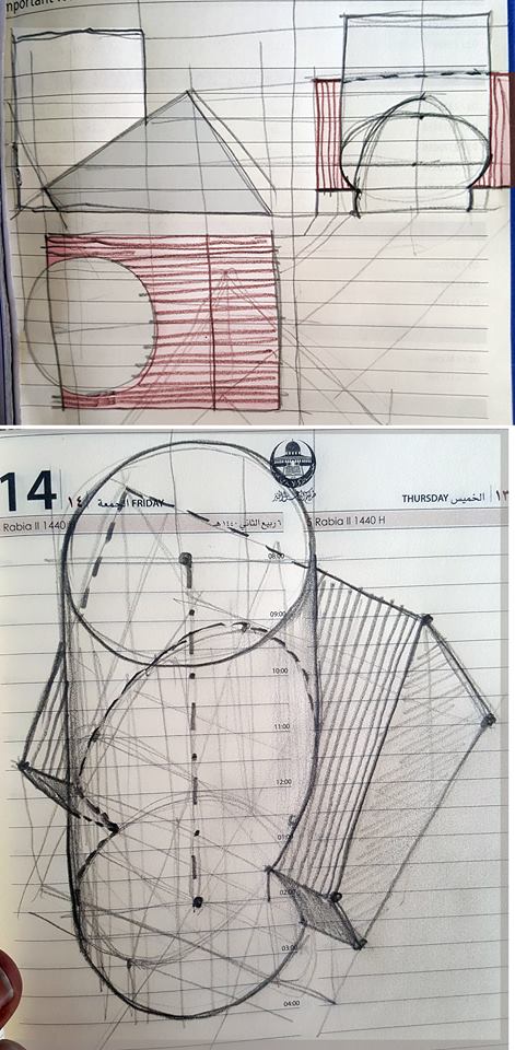 الرسم والاظهار المعماري Arch Drawing Representation لوحة 4 رسم واظهار حالة تقاطع بين اسطوانة دائرية قائمة وسقف مائل بطية واحدة