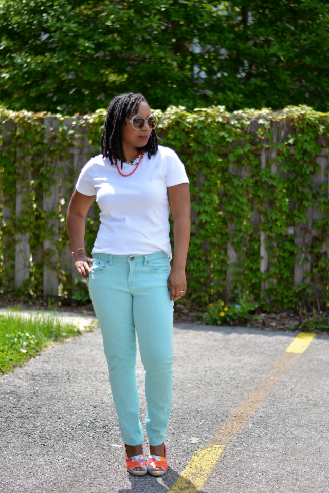 white tee mint jeans