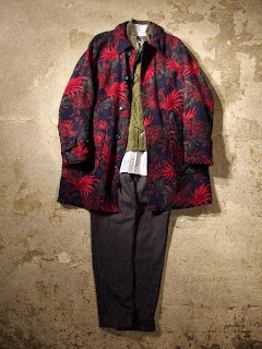 Engineered Garments Reversible Coat in Dk.Navy CL Coated Canvas with Dk.Navy/Red Wool Floral Jacquard Combo