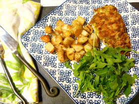 A SHEET PAN meal that both easy and quick to make for a weeknight meal that on the table in under 45 minutes!  Presto Pesto Panko Chicken with a Green Salad and Roasted Potatoes - Slice of Southern