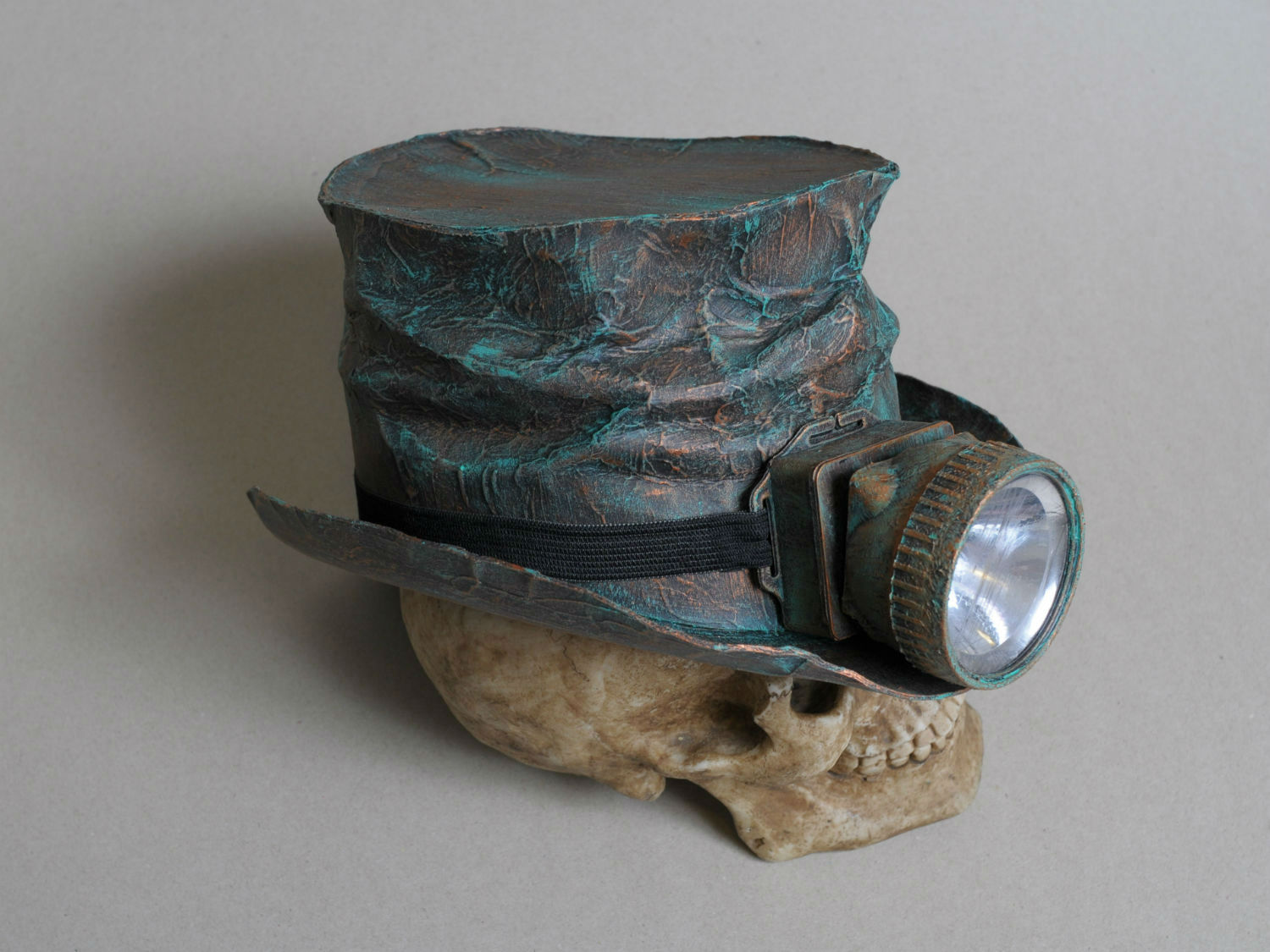 Steampunk HatMaker Burning Man 2017 top hat with lamp. Old copper