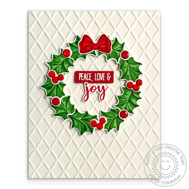 Sunny Studio Stamps: Christmas Trimmings & Dapper Diamonds Embossed Holiday Holly Wreath Card with Red Bow by Mendi Yoshikawa