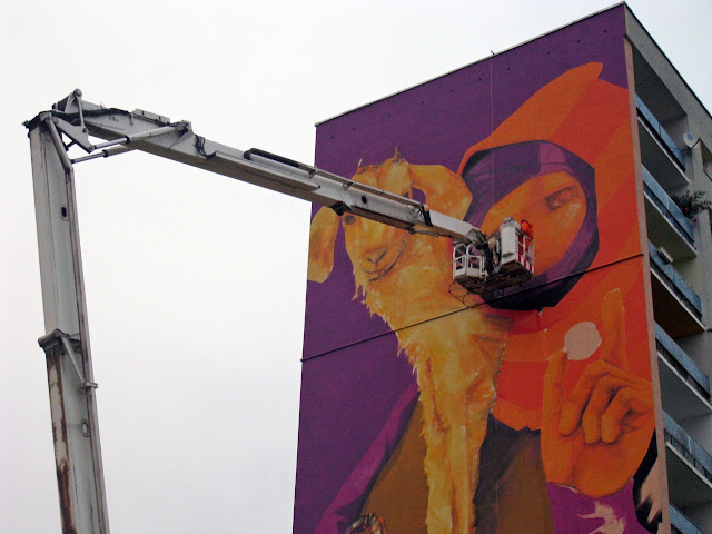 Street Art In Progress By Chilean Muralist INTI in Lodz, Poland For Fundacja Urban Forms 2013. 1