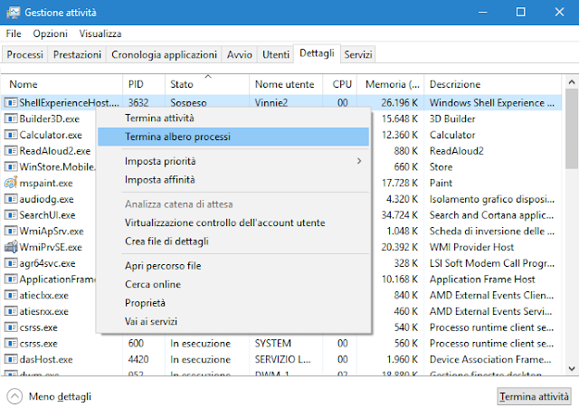 Task Manager Windows 10 - 8 scheda Dettagli